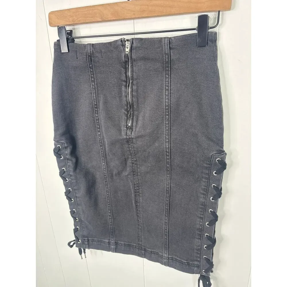 NWT Free People Black Denim Skirt Size 2 Lace Up Side Straight Pencil Edgy Goth